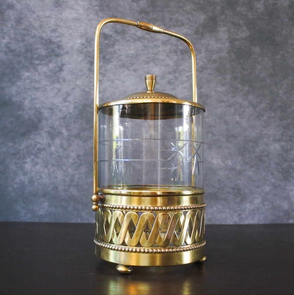 Antique c. 1880 19th Century Victorian Brass Glass Biscuit Box Barrel